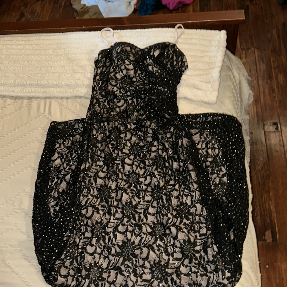 David’s Bridal Long Black dress w/ Nude under- Black lace with silver sparkle